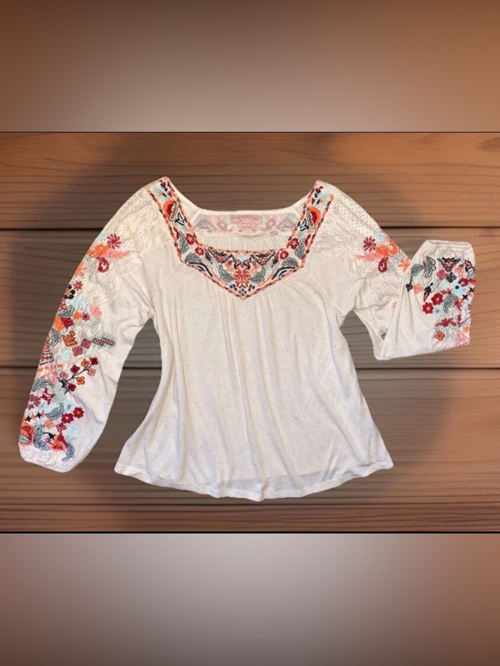 Soft Surroundings Mariella Embroidered Floral Peasant Tunic Blouse w/Lace | L